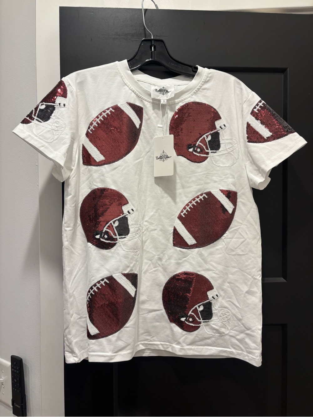 Belle Cher Women’s Sequin Football & Helmet Top Tee Small NWT white Maroon Red